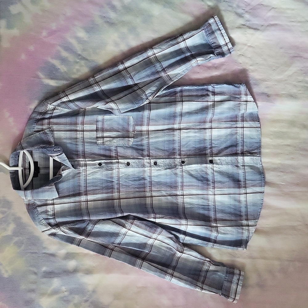 Mens Large Capsule long sleeve button down blue brown shirt